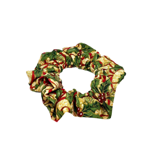 Mini Gold Holly and Ribbon Christmas Scrunchie