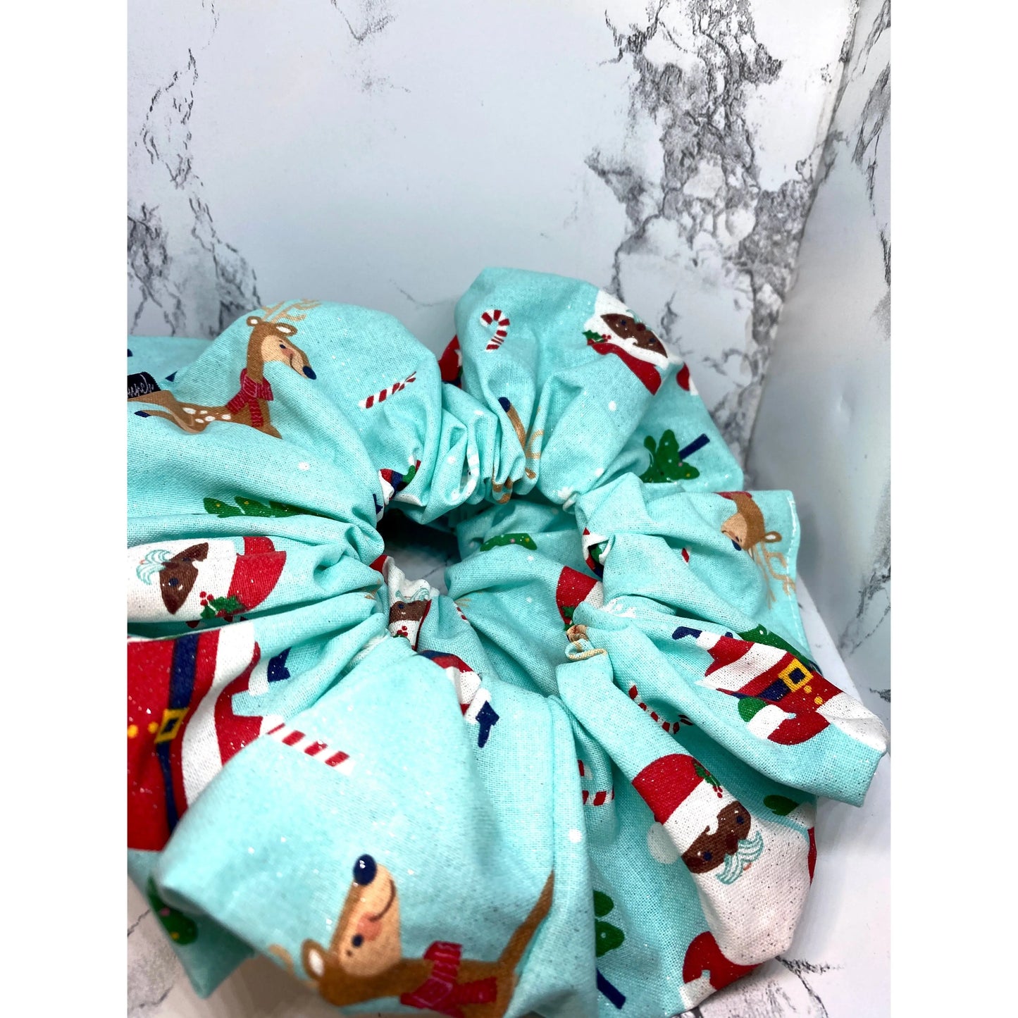 Blue Santa and Reindeer Christmas Scrunchie Enchanted Scrunch