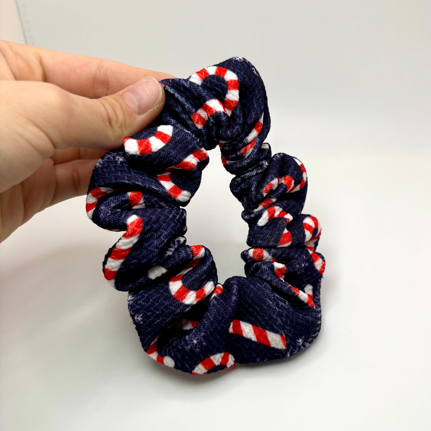 Mini Blue Candy Cane Christmas Bullet Scrunchie