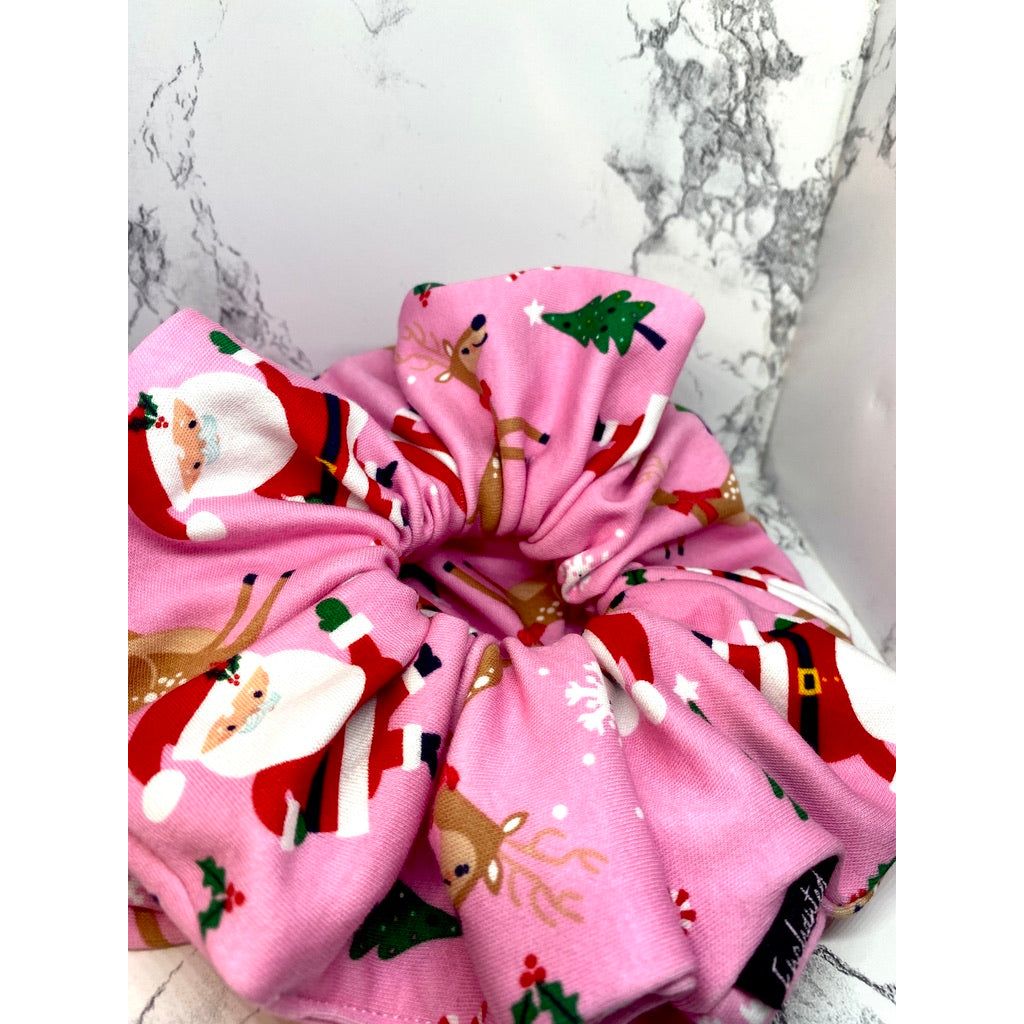 Pink Santa and Reindeer Christmas Scrunchie