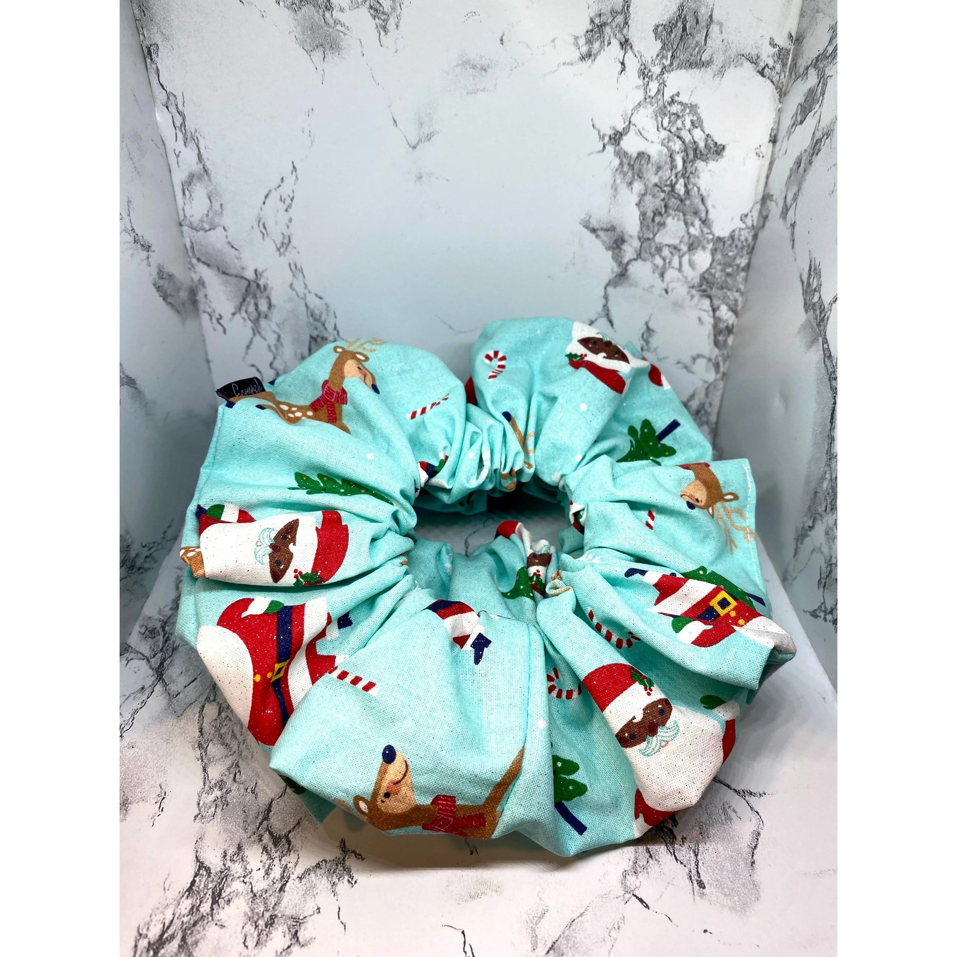 Blue Santa and Reindeer Christmas Scrunchie Enchanted Scrunch