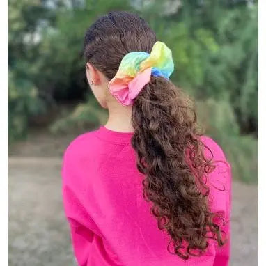 Rainbow Ombre Silk Oversized Scrunchie in Curly Hair