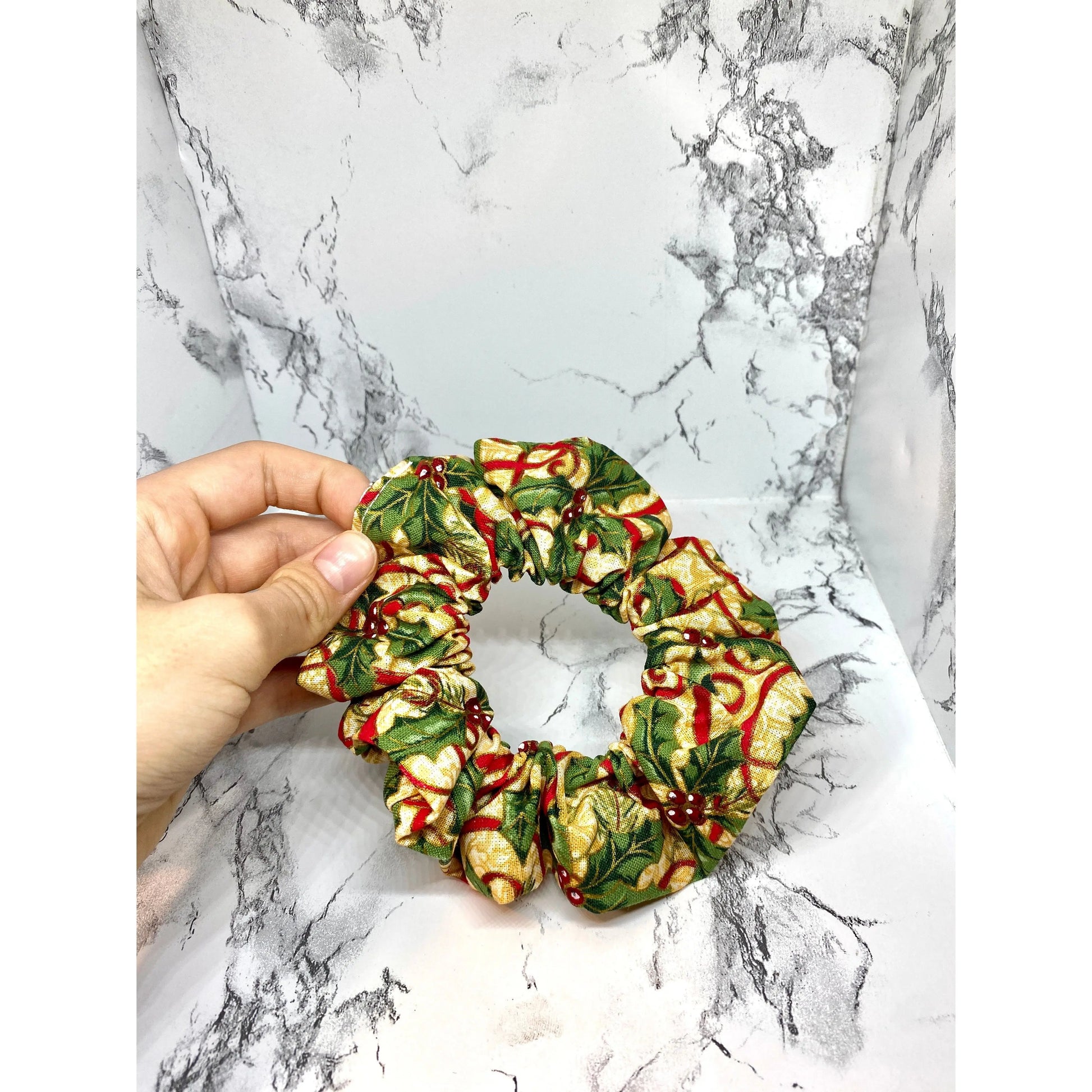 Mini Gold Holly and Ribbon Christmas Scrunchie Enchanted Scrunch