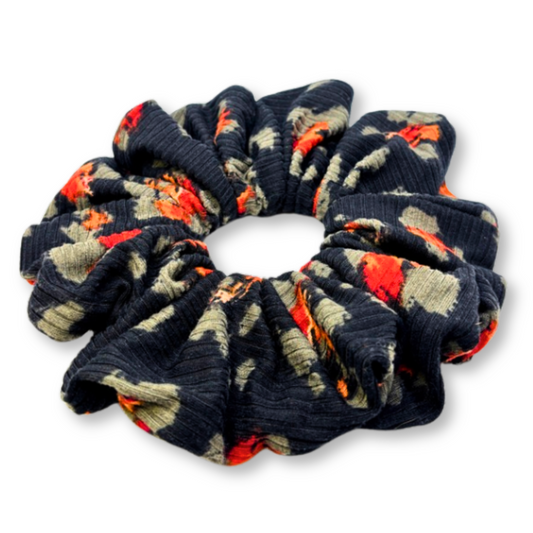 Black Spotted Floral Ribbed Scrunchie