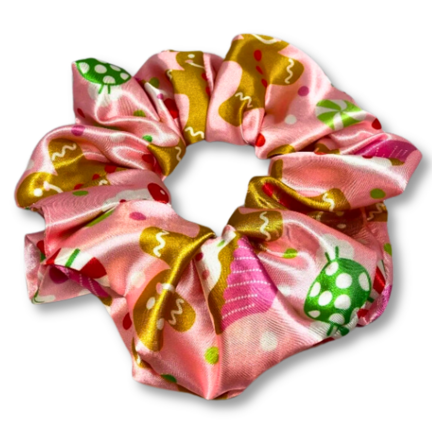 Pink Gingerbread Silk Christmas Scrunchie