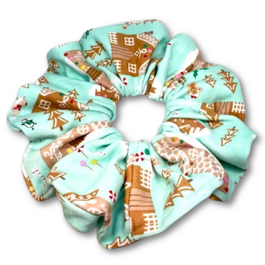 Blue Gingerbread House Christmas Scrunchie