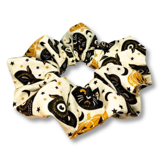 White Cat and Owl Heads Halloween Scrunchie Enchanted Scrunch