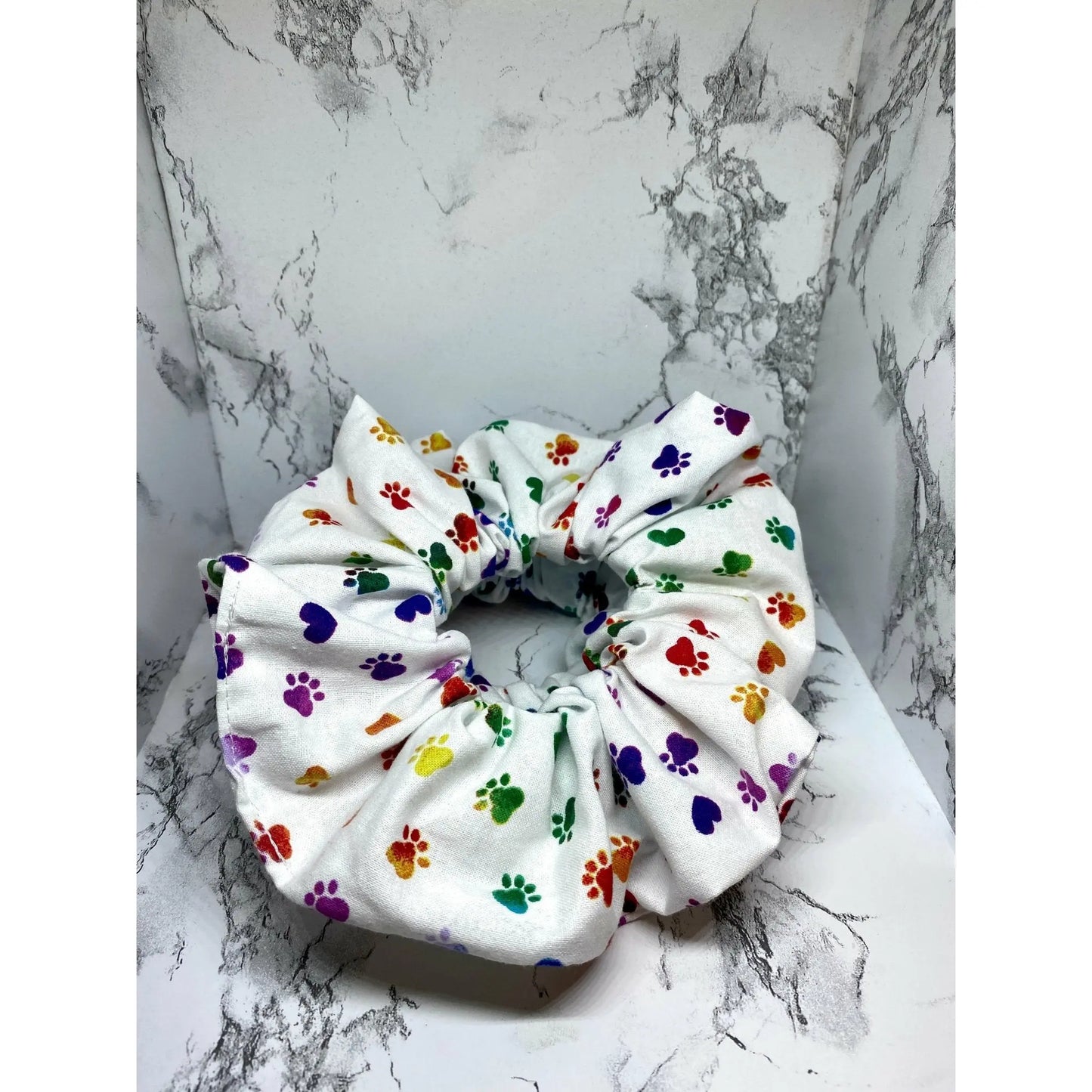 White Colored Paw Print Scrunchie