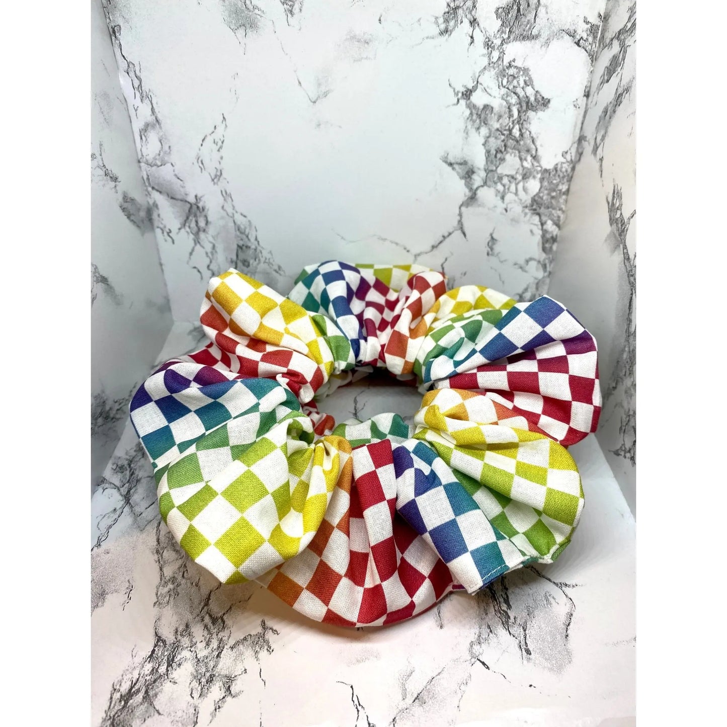White Checkered Rainbow Scrunchie